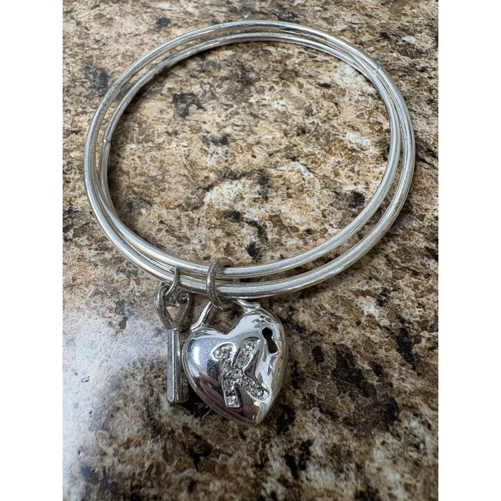 Silver Tone Bangle Bracelet Heart Lock Charm Key Rhinestone Initial K 7.75”